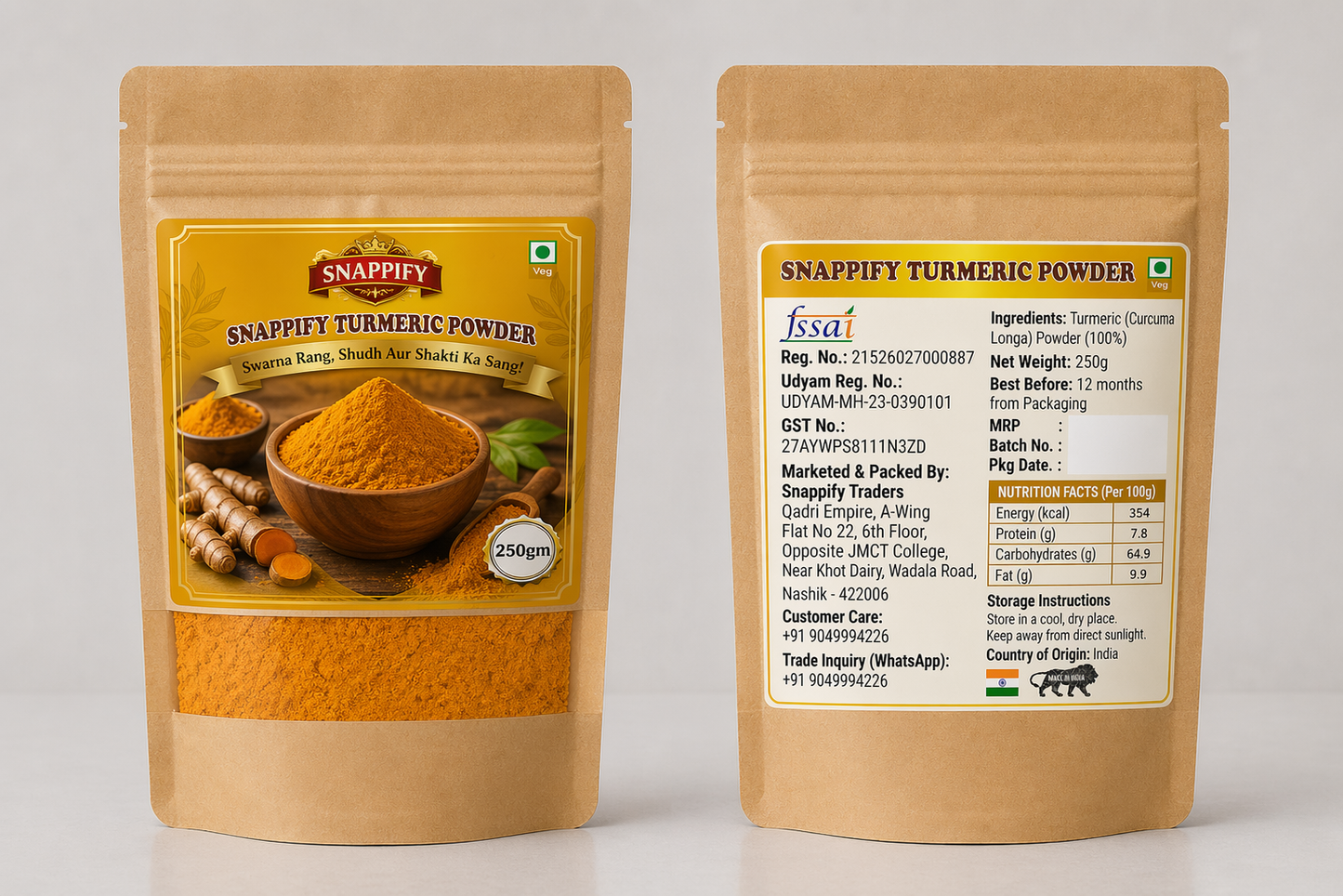 Snappify Premium Haldi Powder - 100% Shuddh aur Swasthya Vardhak (250gm)
