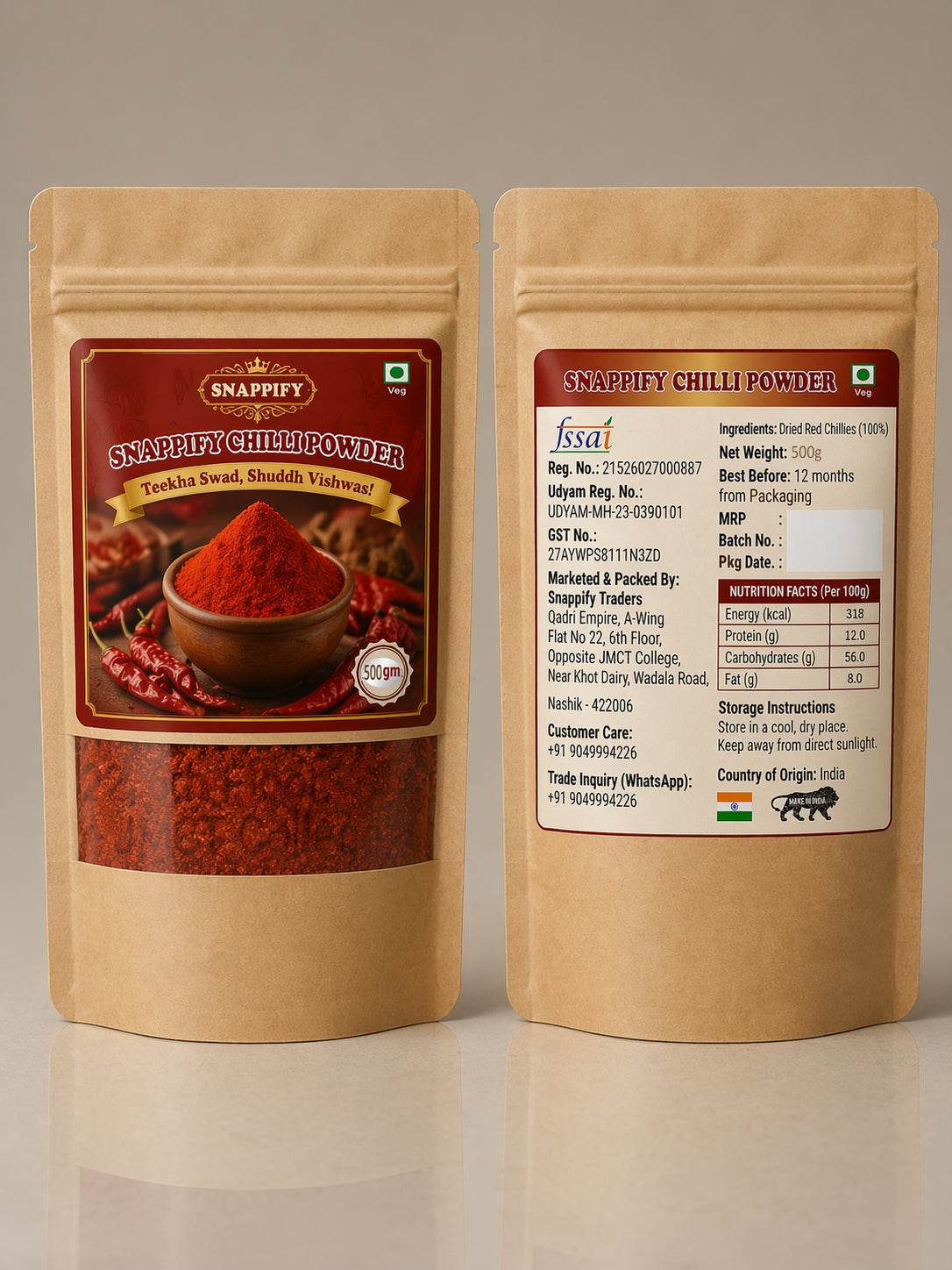 Snappify Pure Red Chilli Powder | Teekha aur Chatpata (500g)