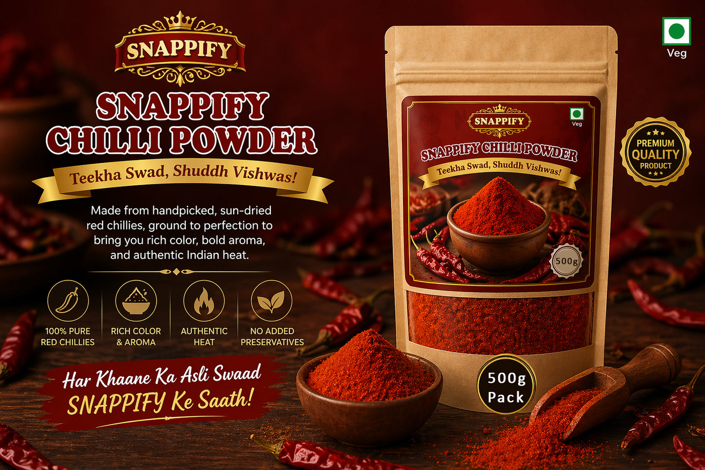 Snappify Pure Red Chilli Powder | Teekha aur Chatpata (500g)