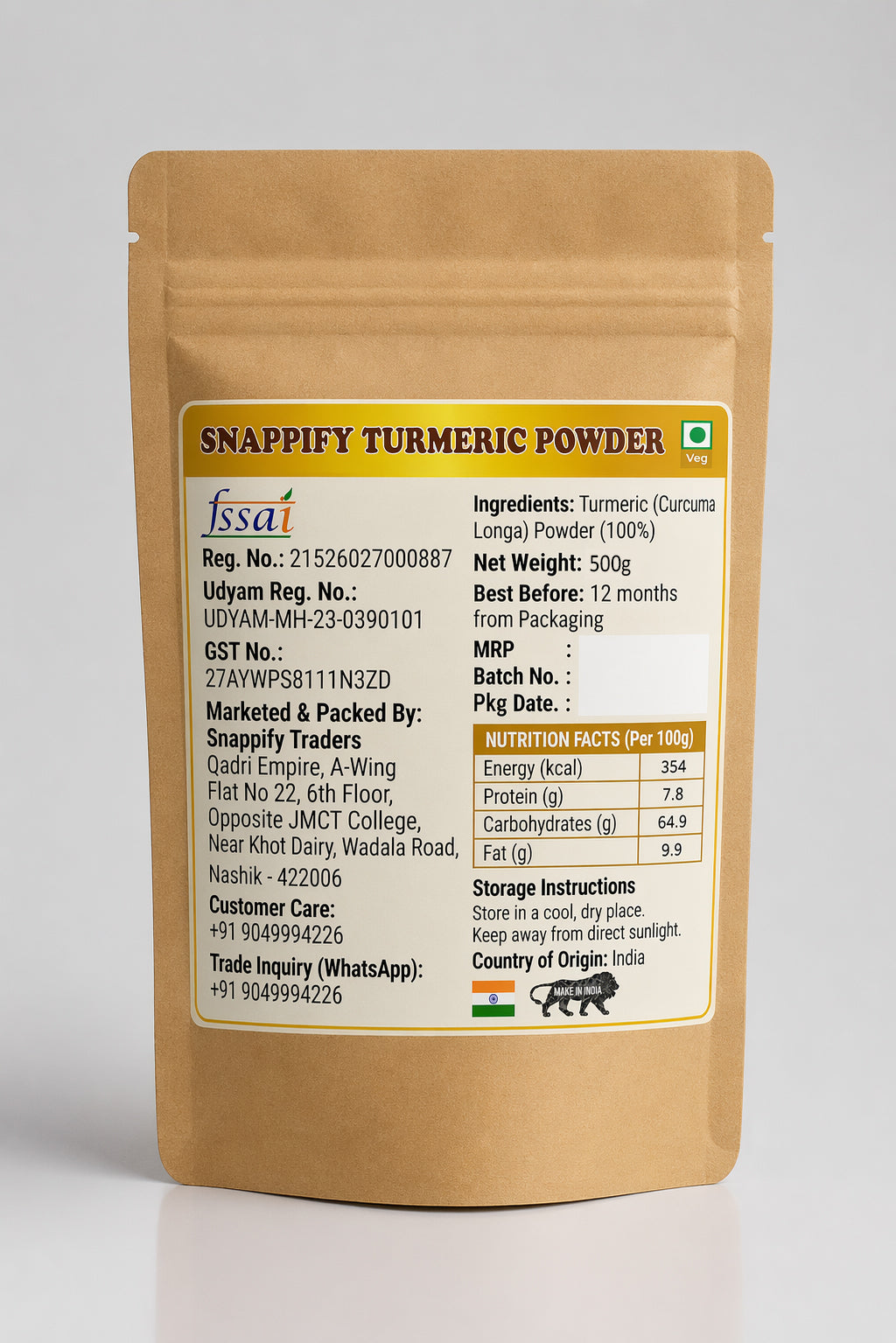 Snappify Premium Haldi Powder - 100% Shuddh aur Swasthya Vardhak (500gm)