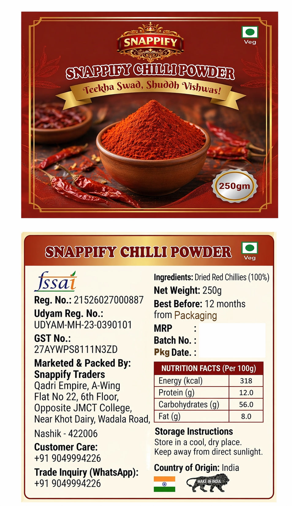 Snappify Pure Red Chilli Powder | Teekha aur Chatpata (250g)
