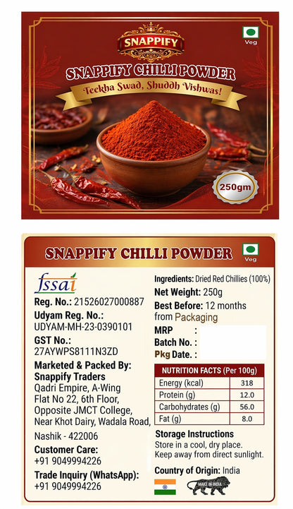 Snappify Pure Red Chilli Powder | Teekha aur Chatpata (250g)