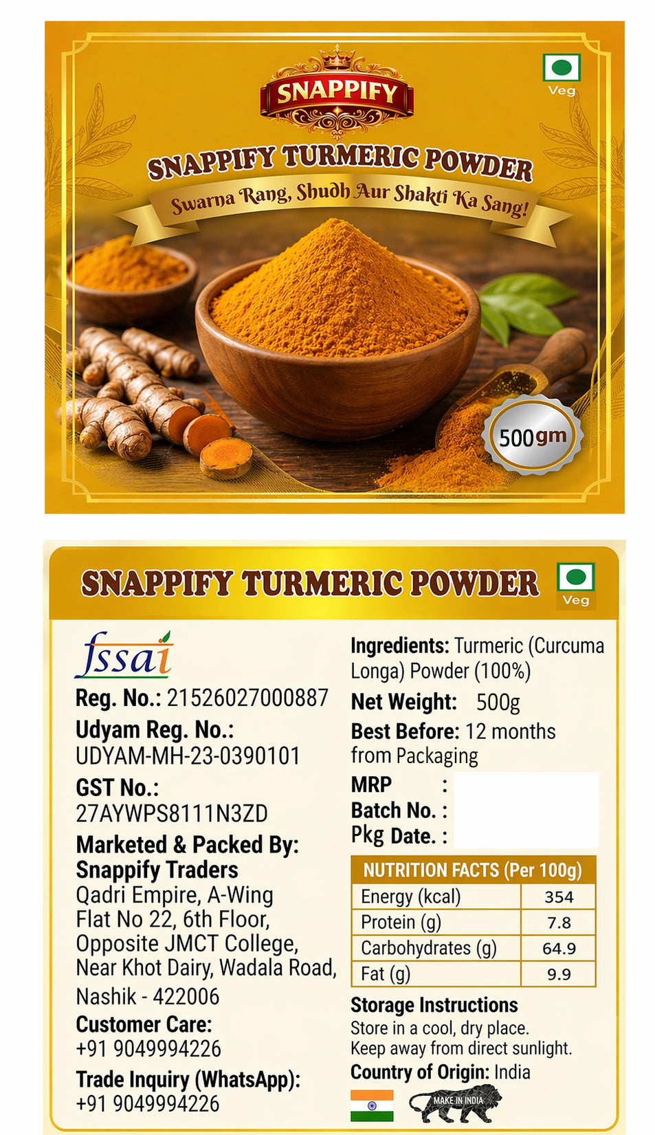 Snappify Premium Haldi Powder - 100% Shuddh aur Swasthya Vardhak (500gm)